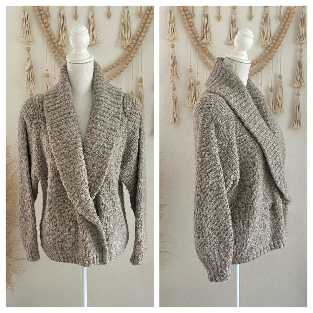 Vintage neutral marled wool sweater cardigan Anthropologie vibes shawl collar S